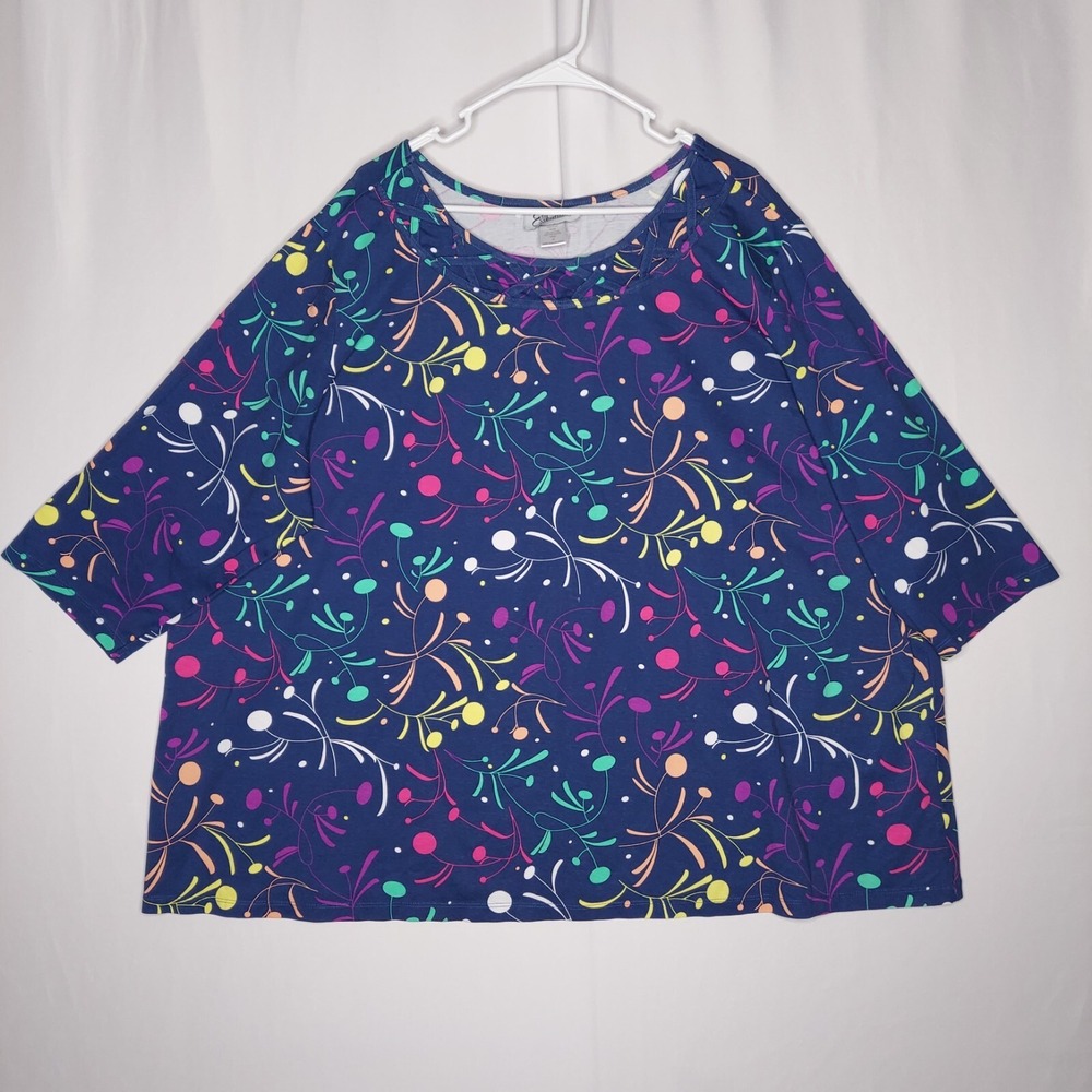 Easy Essentials Top Women 4X Blue Multicolor Whimsy Crisscross Scoop Jersey